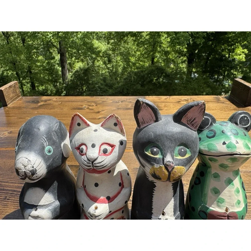 Vintage Hand Carved Wood Folk Art Animals Cat Frog Dog Indonesian Set